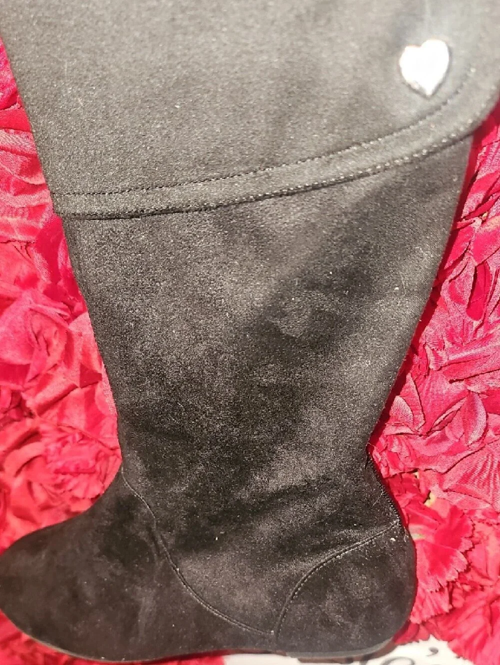 American Eagle Black Knee-High Fold-Over Faux Suede Boots with Heart Size 4½